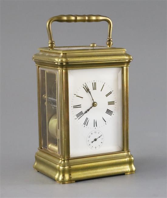 An early 20th century French hour repeating carriage alarum clock, H.6.25in.